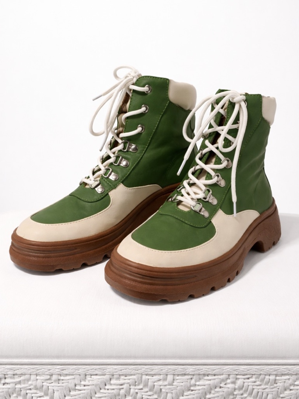 Green Cream Colorblock Platform Combat Boots Lug Sole Lace Up Ankle Booties 9 - Picture 2 of 6